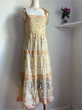 Floral Yellow Tie-Shoulder Tiered Maxi Dress